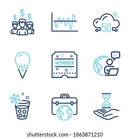 Business icons set. Included icon as Businessman case, Salary employees, Winner ticket signs. Stock analysis, Time hourglass, Ice maker symbols. Ice cream, 5g cloud line icons. Line icons set. Vector