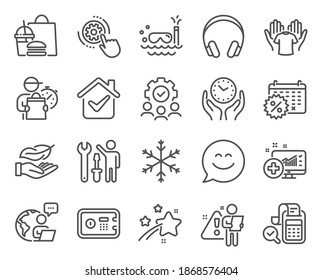Business icons set. Included icon as Safe box, Headphones, Cogwheel settings signs. Lightweight, Bill accounting, Hold t-shirt symbols. Snowflake, Calendar discounts, Teamwork. Safe time. Vector