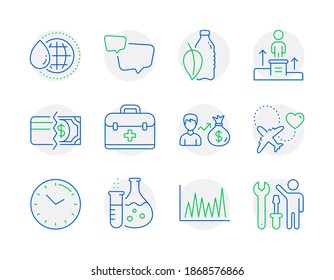 Business icons set. Included icon as Payment methods, Time, Line graph signs. Chemistry flask, Honeymoon travel, World water symbols. Speech bubble, Business podium, First aid. Sallary. Vector