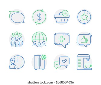 Business icons set. Included icon as Group people, Working hours, Approve signs. Refrigerator, Add purchase, Talk bubble symbols. Usd exchange, Medical chat, Like. Star target line icons. Vector