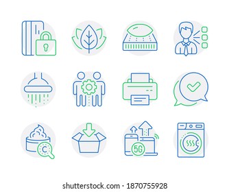 Business icons set. Included icon as Shower, Blocked card, Mattress signs. Printer, Collagen skin, 5g internet symbols. Third party, Approved, Get box. Employees teamwork, Organic tested. Vector