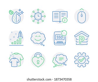 Business icons set. Included icon as Development plan, Dirty water, Smile chat signs. Recovery ssd, Text message, Technical info symbols. Love lock, World time, Clean t-shirt. Swipe up. Vector