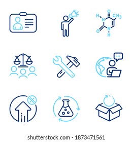 Business Icons Set. Included Icon As Id Card, Chemical Formula, Brand Ambassador Signs. Loan Percent, Chemistry Experiment, Spanner Tool Symbols. Court Jury, Return Package Line Icons. Vector