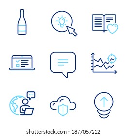 Business icons set. Included icon as Cloud protection, Swipe up, Energy signs. Seo analysis, Text message, Champagne bottle symbols. Love book, Web lectures line icons. Line icons set. Vector