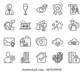 Business icons set. Included icon as Cloud computing, Buildings, Love tickets signs. Verified mail, Wineglass, Divider document symbols. Blocked card, Quick tips, Copyrighter. Coins. Vector