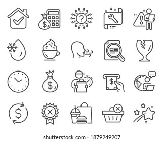 Business icons set. Included icon as Fragile package, Delete purchase, Reject medal signs. Time, Finance calculator, Coffee cup symbols. Check article, Breathing exercise, Spanner. Vector