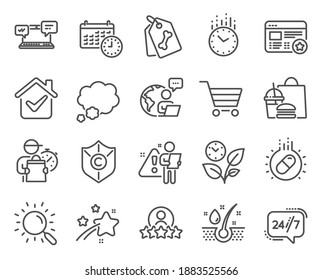 Business icons set. Included icon as Leaves, Market sale, Copyright protection signs. Favorite, Human rating, Time symbols. Talk bubble, Search, Capsule pill. Serum oil, Calendar, Pet tags. Vector