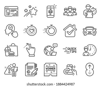 Business icons set. Included icon as Working hours, Education, Copywriting signs. Select user, Timer, Swipe up symbols. Group, Car, Touchscreen gesture. Fast recovery, Share call, Mail. Vector