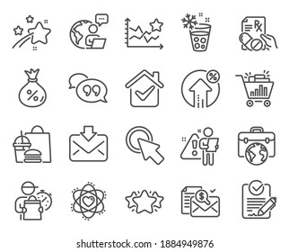 Business icons set. Included icon as Rfp, Businessman case, Atom signs. Quote bubble, Incoming mail, Accounting report symbols. Seo shopping, Click here, Ranking stars. Loan percent, Loan. Vector