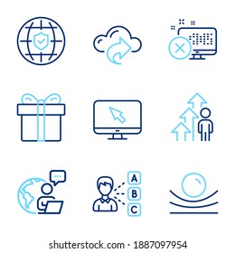 Business icons set. Included icon as Opinion, Reject access, Global insurance signs. Internet, Cloud share, Gift box symbols. Elastic material, Employee result line icons. Line icons set. Vector