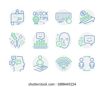Business icons set. Included icon as Recruitment, Smile, Computer keyboard signs. Quick tips, Loan percent, Happy emotion symbols. Face accepted, Journey path, Messages. Fireworks rocket. Vector