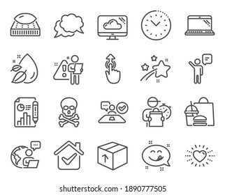 Business icons set. Included icon as Job interview, Heart, Package signs. Yummy smile, Time management, Agent symbols. Laptop, Chemical hazard, Report document. Mattress, Water drop. Vector