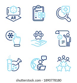 Business Icons Set. Included Icon As Augmented Reality, Freezing Click, Business Meeting Signs. Pets Care, Eye Checklist, Medical Analyzes Symbols. Manual Doc, Chemistry Lab Line Icons. Vector