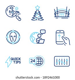 Business icons set. Included icon as Swipe up, Dj controller, Face detect signs. Arena stadium, Search flight, Quickstart guide symbols. 24h service, Christmas tree line icons. Line icons set. Vector