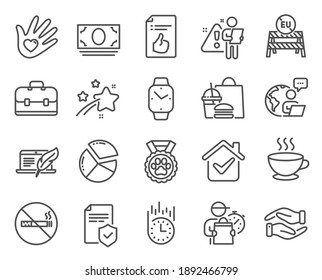 Business icons set. Included icon as Smartwatch, Fast delivery, Dog competition signs. Coffee cup, Social responsibility, Portfolio symbols. Cash money, Insurance policy, Eu close borders. Vector