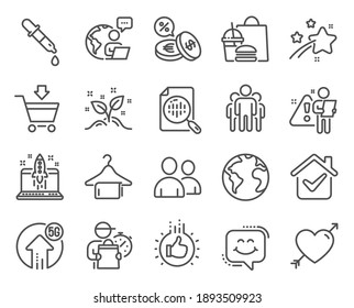 Business icons set. Included icon as Like hand, Love, Analytics chart signs. Currency exchange, World planet, Start business symbols. Smile chat, Users, Group. Online market, 5g upload. Vector