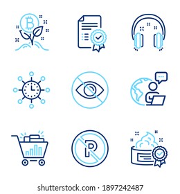 Business icons set. Included icon as No parking, Cream, World time signs. Bitcoin project, Not looking, Headphones symbols. Certificate, Seo shopping line icons. Car park, Best lotion. Vector