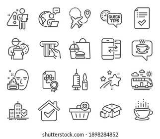 Business icons set. Included icon as Face cream, Medical vaccination, Dog certificate signs. Bus travel, Delete order, Apartment insurance symbols. Airplane, Coffee cup, Approved checklist. Vector