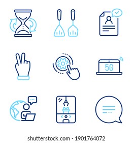 Business icons set. Included icon as Hourglass, Victory hand, 5g notebook signs. Text message, Cogwheel settings, Crane claw machine symbols. Resume document, Cooking cutlery line icons. Vector