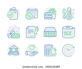 Business icons set. Included icon as Toilet paper, Calendar discounts, Court building signs. Hold heart, Calculator alarm, Verification document symbols. Burger, Thermometer, Mattress. Vector