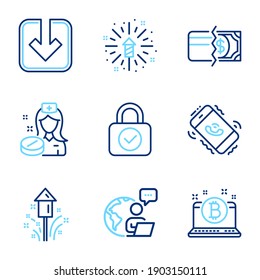 Business icons set. Included icon as Bitcoin, Load document, Nurse signs. Call center, Payment methods, Security lock symbols. Fireworks explosion, Fireworks line icons. Line icons set. Vector