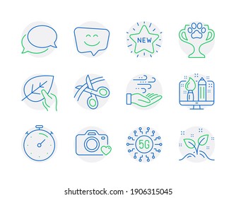 Business icons set. Included icon as Winner cup, Photo camera, Organic tested signs. Timer, New star, Scissors symbols. Messenger, Smile face, Creative design. 5g technology, Wind energy. Vector
