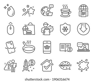 Business icons set. Included icon as Smartphone waterproof, Clean skin, Internet documents signs. Smartphone buying, Facts, Download arrow symbols. Bitcoin project, Dirty spot, Creativity. Vector