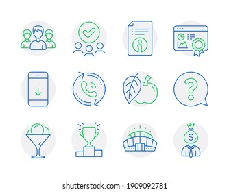 Business icons set. Included icon as Scroll down, Arena stadium, Technical info signs. Group, Ice cream, Seo certificate symbols. Approved group, Call center, Winner podium. Question mark. Vector