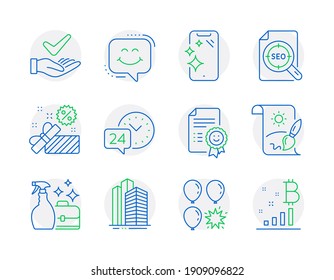 Business icons set. Included icon as Cleanser spray, Creative painting, Smile signs. Sale, Smartphone clean, Balloon dart symbols. Skyscraper buildings, 24h service, Seo file. Smile chat. Vector
