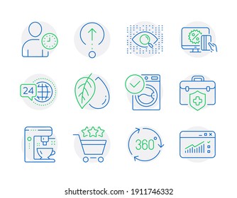 Business icons set. Included icon as 360 degree, Time management, Shopping rating signs. Artificial intelligence, Medical insurance, Mineral oil symbols. Swipe up, Washing machine. Vector
