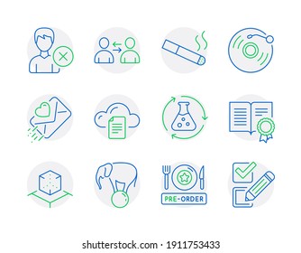 Business icons set. Included icon as Communication, Vinyl record, Pre-order food signs. Remove account, Chemistry experiment, Elephant on ball symbols. File storage, Diploma, Smoking. Vector