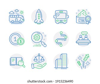 Business icons set. Included icon as Justice scales, Bus, Search statistics signs. Bus travel, Employees talk, Skyscraper buildings symbols. Cream, Usd coins, Timeline. Rocket, Search book. Vector