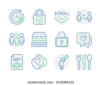 Business icons set. Included icon as Legal documents, 24h delivery, Coffee beans signs. Friends chat, Scroll down, Group symbols. Lock, Teamwork business, Brand ambassador. Deluxe mattress. Vector
