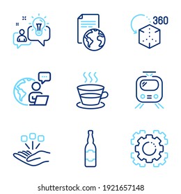 Business icons set. Included icon as Translation service, Augmented reality, Consolidation signs. Beer bottle, Coffee cup, Idea symbols. Train, Seo gear line icons. Line icons set. Vector