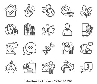 Business icons set. Included icon as Certified refrigerator, Skyscraper buildings, World medicine signs. World communication, Engineer, Quick tips symbols. Payment received, Seo stats. Vector