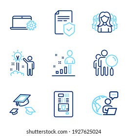 Business Icons Set. Included Icon As Insurance Policy, Stats, Coffee Vending Signs. Notebook Service, Creative Idea, Throw Hats Symbols. Search People, Women Group Line Icons. Line Icons Set. Vector