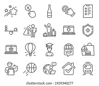 Business Icons Set. Included Icon As Touchscreen Gesture, Online Shopping, Student Signs. Balance, Airport Transfer, Basketball Symbols. Checklist, Medical Shield, Internet Downloading. Vector