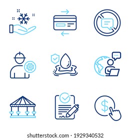 Business icons set. Included icon as Freezing, Buy currency, Credit card signs. Stop talking, Engineer, Rfp symbols. Flood insurance, Carousels line icons. Air conditioner, Money exchange. Vector