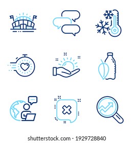 Business icons set. Included icon as Timer, Water bottle, Freezing signs. Sports arena, Reject, Talk bubble symbols. Sunny weather, Analytics line icons. Deadline management, Mint leaf drink. Vector