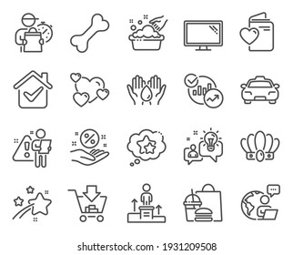 Business icons set. Included icon as Heart, Crown, Loan percent signs. Business podium, Taxi, Hand washing symbols. Idea, Monitor, Ranking stars. Love document, Shopping, Safe water. Vector