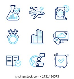 Business icons set. Included icon as Seo stats, Honor, Approved documentation signs. Cloud computing, Skyscraper buildings, Chemistry lab symbols. Confirmed, Airplane travel line icons. Vector