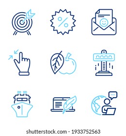 Business icons set. Included icon as Copyright laptop, Ship, Touchscreen gesture signs. Smile, Archery, Apple symbols. Attraction, Discount line icons. Writer device, Shipping watercraft. Vector