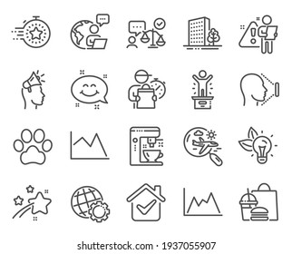 Business icons set. Included icon as Smile chat, Coffee maker, Diagram signs. Vector