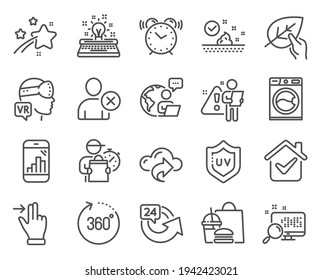 Business icons set. Included icon as Graph phone, Typewriter, Augmented reality signs. Alarm clock, Touchscreen gesture, Uv protection symbols. 24 hours, Search, Washing machine. Skin care. Vector