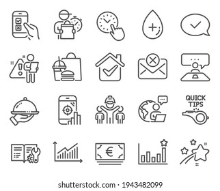 Business icons set. Included icon as Graph, Engineering documentation, Seo phone signs. Oil serum, Reject mail, Euro currency symbols. Interview job, Efficacy, Mobile survey. Tutorials. Vector