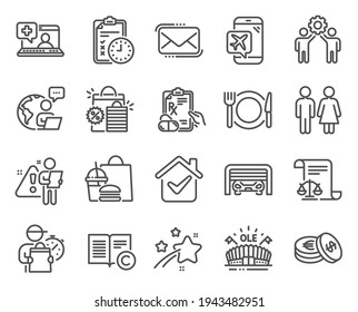 Business Icons Set. Included Icon As Messenger Mail, Prescription Drugs, Medical Help Signs. Exam Time, Shopping Bags, Sports Arena Symbols. Restroom, Savings, Parking Garage. Flight Mode. Vector