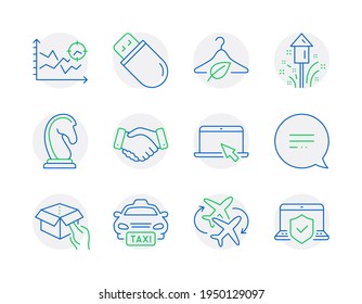 Business icons set. Included icon as Taxi, Connecting flight, Slow fashion signs. Marketing strategy, Fireworks, Seo analysis symbols. Text message, Usb stick, Hold box. Portable computer. Vector