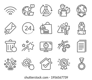 Business icons set. Included icon as Seo target, Medal, E-mail signs. Copy files, Wifi, Fireworks stars symbols. Chemistry experiment, Hospital nurse, Seo timer. Discount, 24 hours. Vector