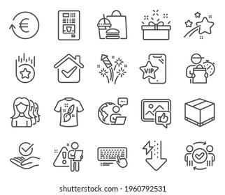 Business icons set. Included icon as Approved, Energy drops, Computer keyboard signs. Women headhunting, Approved teamwork, Vip phone symbols. Coffee vending, Delivery box, T-shirt design. Vector