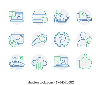 Business icons set. Included icon as Friends chat, Truck parking, Faq signs. Whistle, Cloud sync, Refer friend symbols. Computer mouse, People chatting, Question mark. Recovery server. Vector